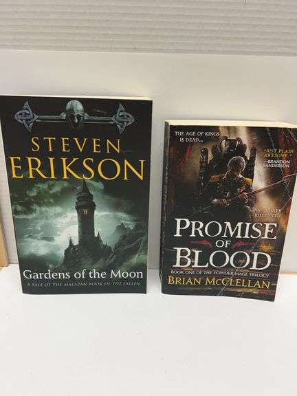 2 Modern Fantasy Paperbacks: "Gardens of the Moon" by Steven Erikson and "Promise of Blood" by Brian