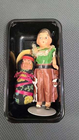Native American Souvenir Dolls with Original Tags, One on Stand with Foot Damage, Handcrafted Detail