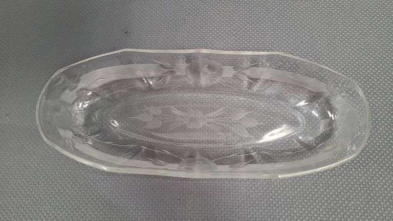 Clear Glass Etched Floral Oval Serving Dish with Scalloped Edge Design, See Photos for Measurements