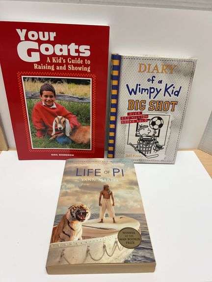 Three Books: "Your Goats" (1993), "Diary of a Wimpy Kid: Big Shot" (2021), "Life of Pi" (2001)