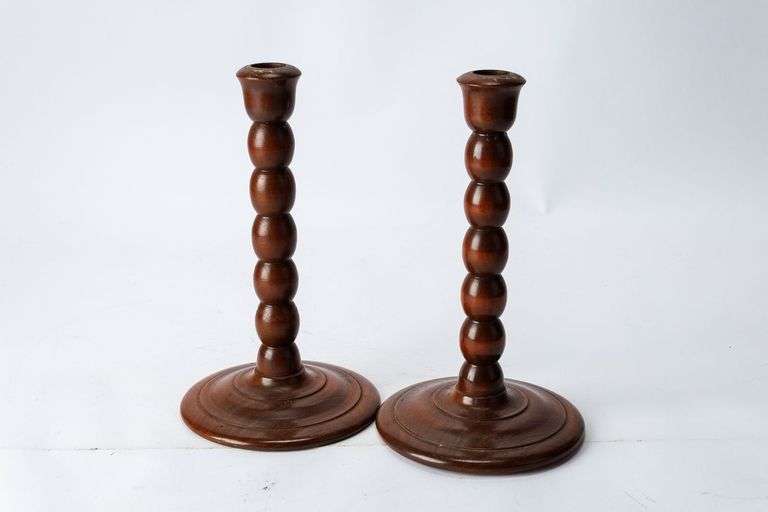 Pair of Antique Bobbin-Turned Wood Candlesticks