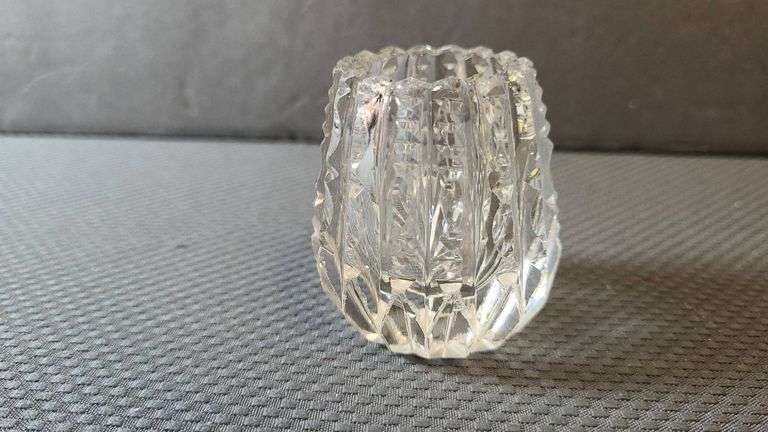 Pressed Clear Glass Votive Candle Holder with Faceted Vertical Pattern and Scalloped Rim, Decorative
