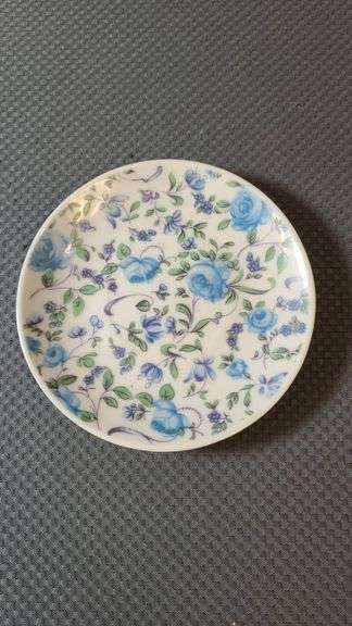 Vintage Japanese Porcelain Plate with Blue Roses and Green Floral Pattern, Marked Japan, Circular Sh