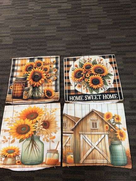 4 Sunflower and Barn Themed 20-Inch Throw Pillow Covers with Farmhouse Motifs, "Home Sweet Home"