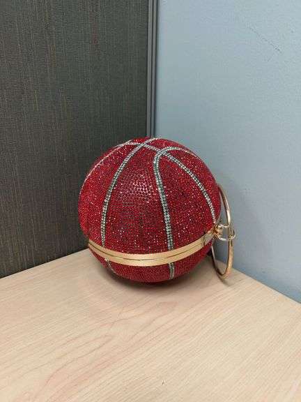 Red Crystal Basketball-Shaped Clutch Purse with Gold Tone Handle and Satin Lining, Made in China