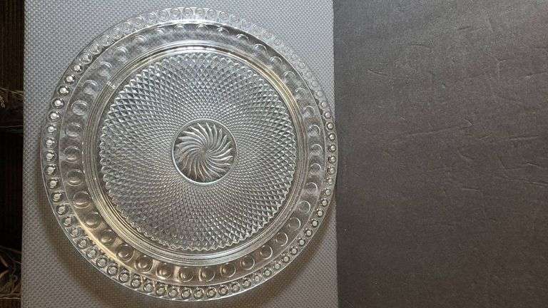 Vintage Clear Pressed Glass Cake Plate with Geometric and Circular Edge Patterns, Elegant Center Des