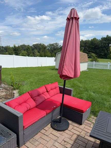 Outdoor Wicker Sectional with Red Cushions & Patio Umbrella