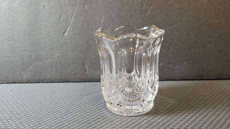 Antique Clear Pressed Glass Toothpick Holder with Scalloped Rim and Patterned Base Design, Early Ame