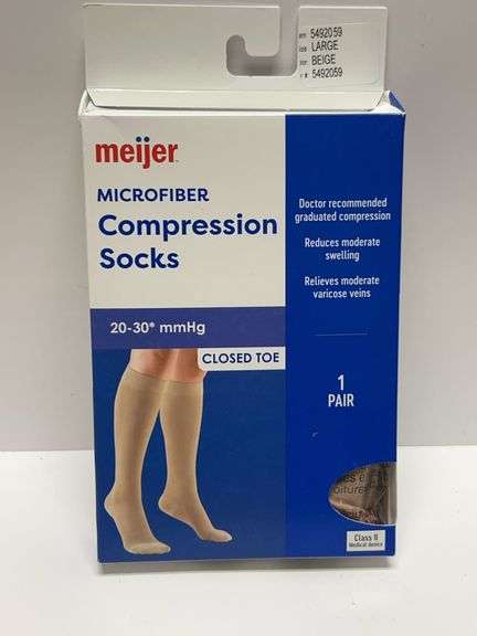 Meijer Microfiber Compression Socks Large Beige 20-30 mmHg Closed Toe 1 Pair Graduated Support