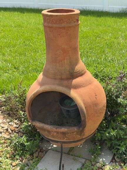 Large Terracotta Clay Chiminea with Metal Stand