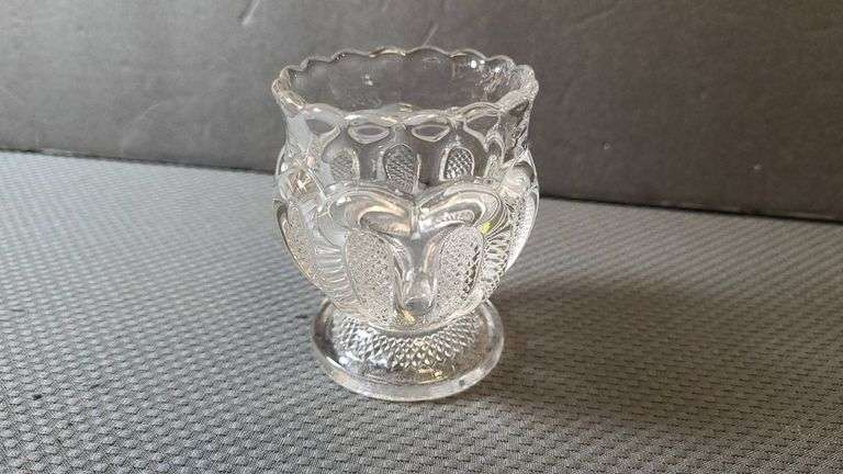 Pressed Clear Glass Antique Toothpick Holder with Scalloped Rim and Patterned Panels Design (No Meas