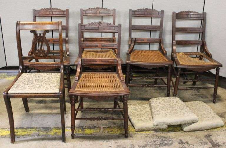 6 Wood Side Chairs with Caned and Upholstered Seats