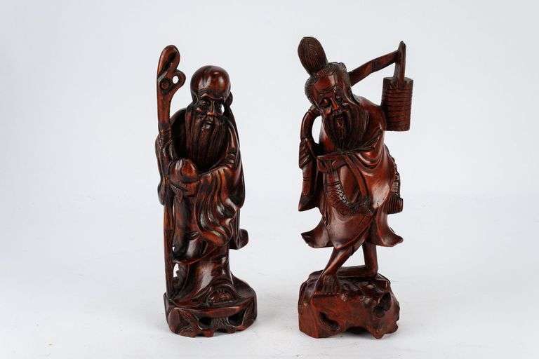 A Pair of Vintage Asian Wood Sculptures! A Fisherman & A Shou Lao statue!