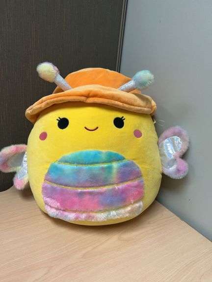 Original Squishmallows Bee Plush Toy, 16-Inch, Rainbow Belly, Orange Hat, Authentic Tag, 89448 UPC C