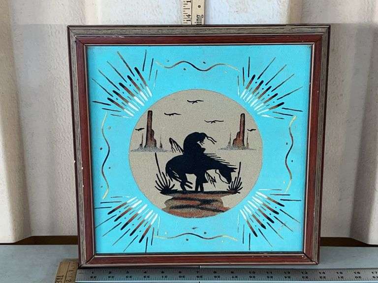 Vintage Southwestern Sand Painting "End Of The Trail" W/Wood Frame 14"X14" (Frame Is Loose)