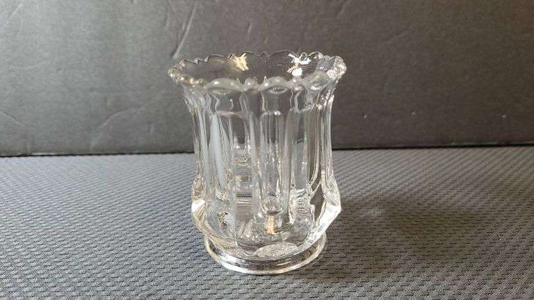 Pressed Glass Toothpick Holder with Scalloped Edge and Vertical Ribbed Design, Clear Patterned Base 