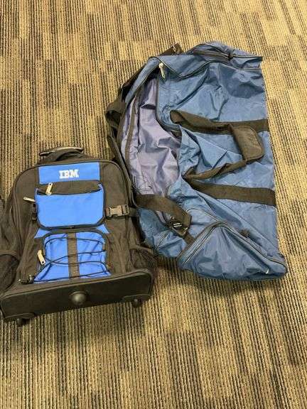 2 Bags: IBM Rolling Backpack and Large Nike Blue Sports Duffel Bag, Approx. 28 Inches Long, Used