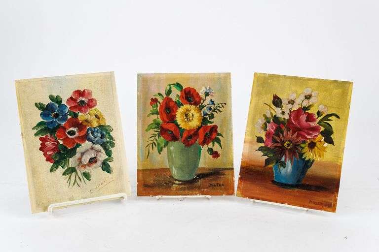3 Vintage Oil on Board Floral Still Life Paintings