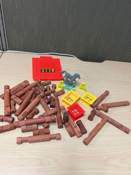 Lincoln Logs-Style Log Cabin Building Set with Plastic Figures, General Store Sign, and Accessories,