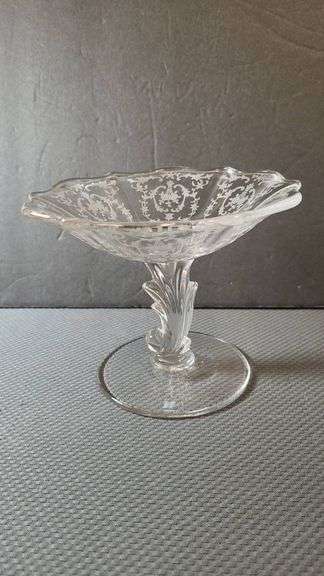 Vintage Cambridge Navarre Etched Glass Compote with Ornate Scrollwork Pattern and Decorative Stem,