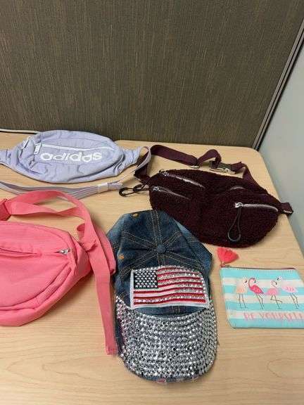 Five-Piece Bag and Accessory Collection Including Adidas, Jansport, Novelty Cap, and Flamingo Pouch