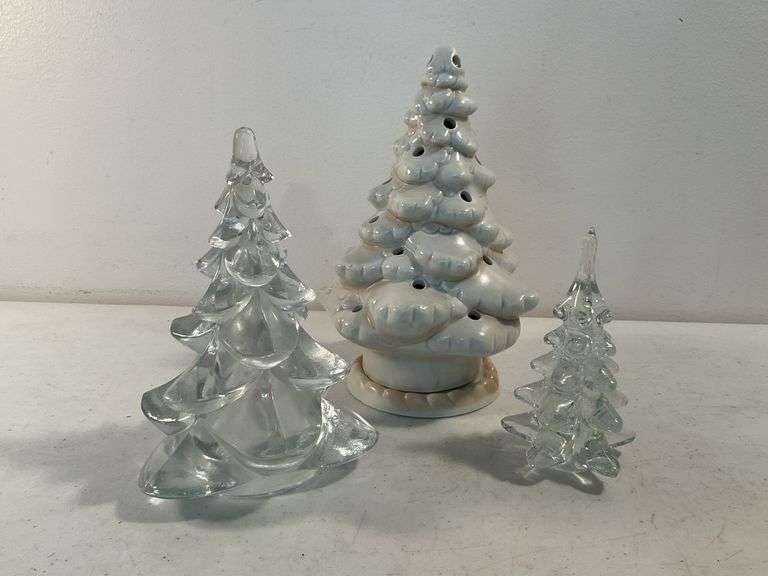 Hand-Blown Glass Christmas Trees & Ceramic Votive Tree – 3 Pieces