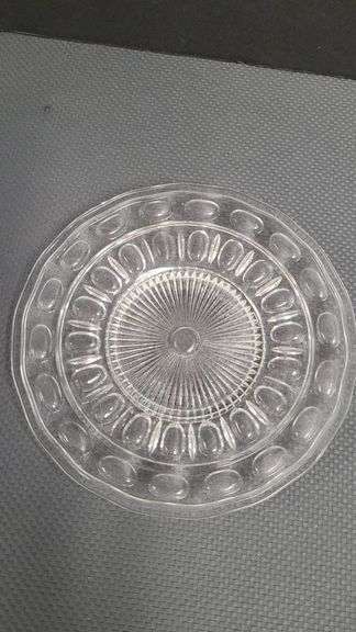 Pressed Clear Glass Decorative Plate with Geometric Pattern and Embossed Oval Details, Transparent F