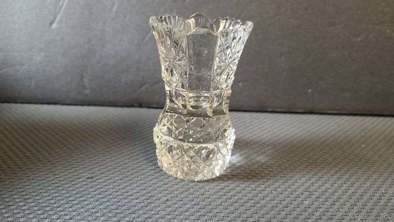 Pressed Cut Glass Toothpick Holder with Starburst and Diamond Patterns, Clear Crystal Material, Vint