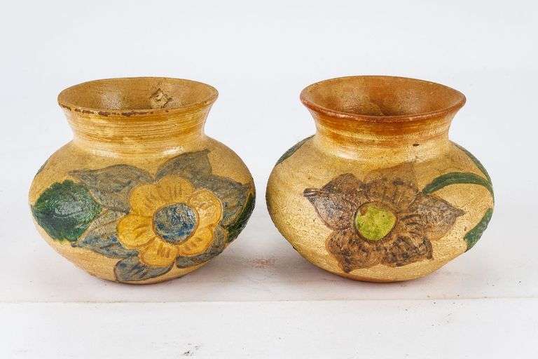Two Vintage Hand-Painted Floral Art Pottery Squat Vases