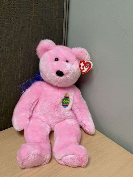 2001 Ty Beanie Buddies Collection Eggs Plush Bear-Easter Egg Emblem, Original Tags Pink