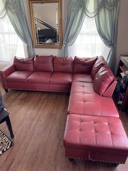 Red Sectional Sofa With Nailhead Trim & Ottoman