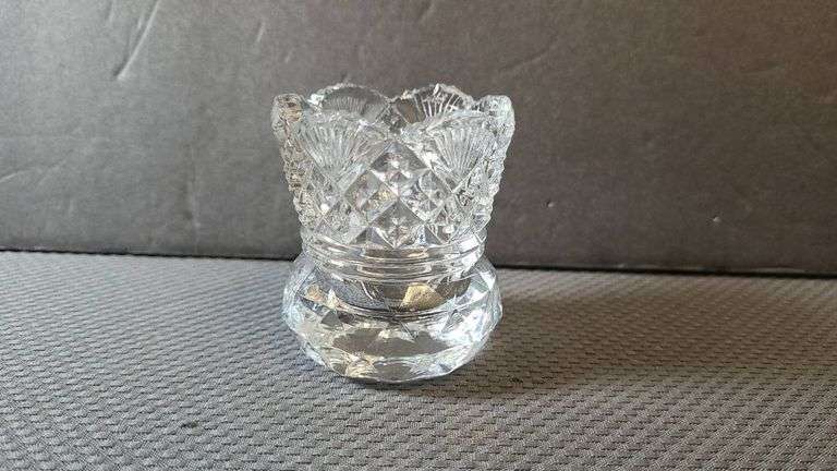 Cut Glass Crystal Toothpick Holder with Scalloped Rim and Diamond Patterned Sides, Clear Decorative 