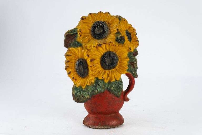 Vintage Painted Cast Iron Sunflower Bouquet Doorstop