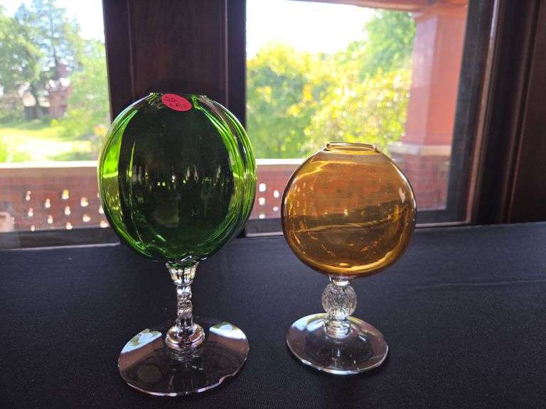 2- Footed Ivy Ball vases green chip on foot gold