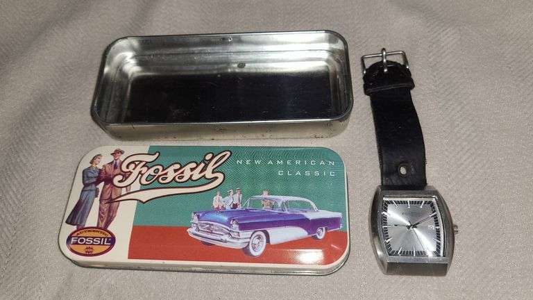 Fossil JR-8169 Stainless Steel Watch With Original Tin Case, 1995 Packaging, Black Leather Band, Dat