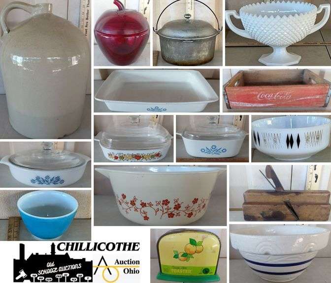 CHILLICOTHE:#4 Crock Jug, Pyrex, Corning Ware, Cast Iron, Ariat Boots, & More