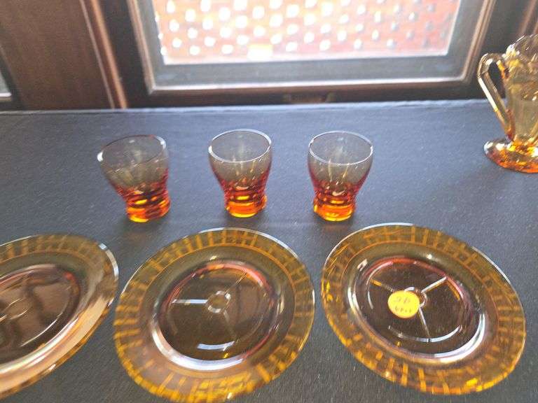 3- elegant cut amber coasters & 3 amber shot glasses