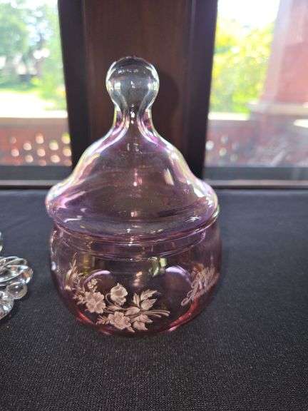 New martinsville platter "Janice" 25th anniversary & happy anniversary covered jar- pink 2 pcs