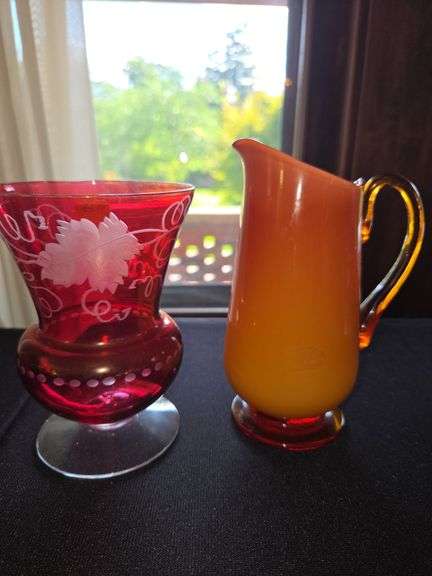ORANGE CASED GLASS PITCHER - 6"2 pcs/ CRANBERRY CUT TO CLEAR FTD VASE 512"