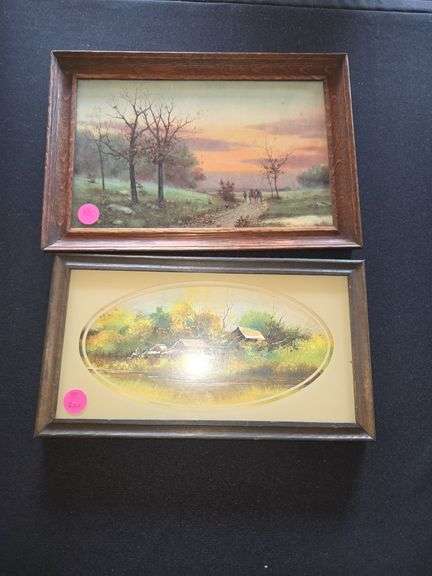 2 Prints - Vintage Horse Drawn Carriage and Cottage with reverse painted glass