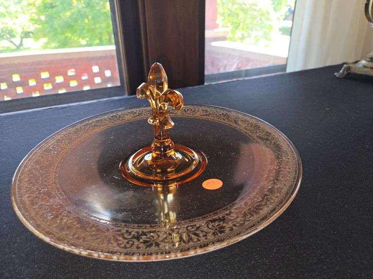 Fostoria center handle serving tray decorated