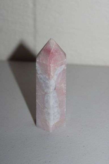 Polished Pink and White Crystal Obelisk with Natural Veining and Distinct Six-Sided Pointed Terminat