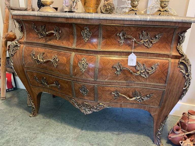 Marble Top Bow Front Three-Drawer Dresser with Brass Filigree