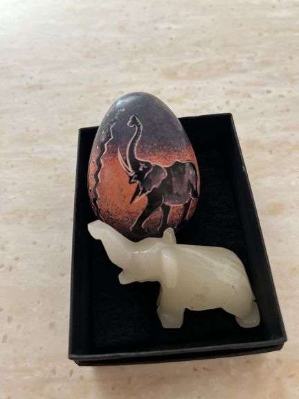 Elephant Art Pieces. Handpainted Egg and Carved Figurine