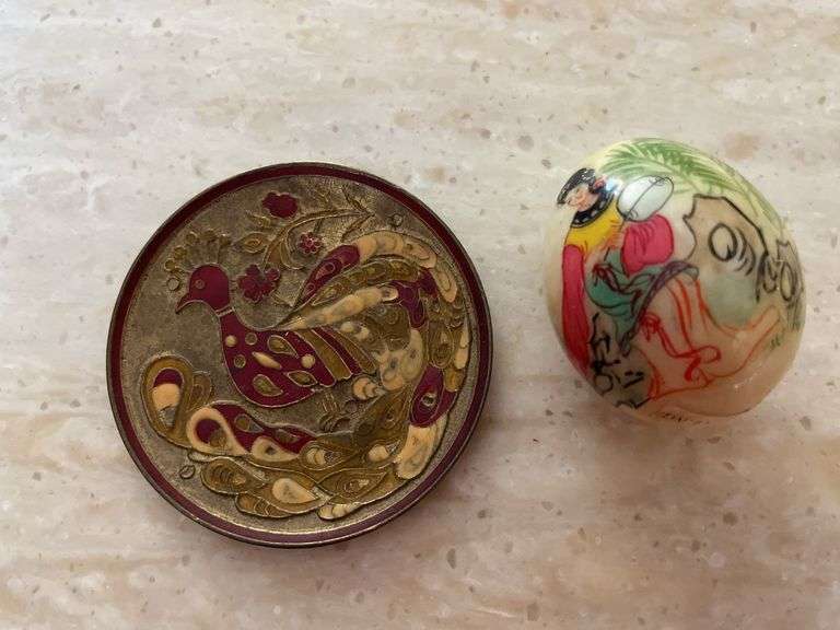 Handpainted Egg  Geisha Girl. Could be Jade. Also Small Brass Plate