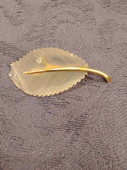 Glass Leaf Brooch with 14 K Gold and Diamond (Chip on very end of glass)