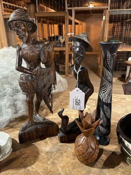 Three Wood Carvings with Stone Vase