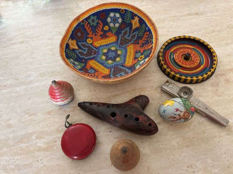 Antique Toys in Decorated Gourd Bowl