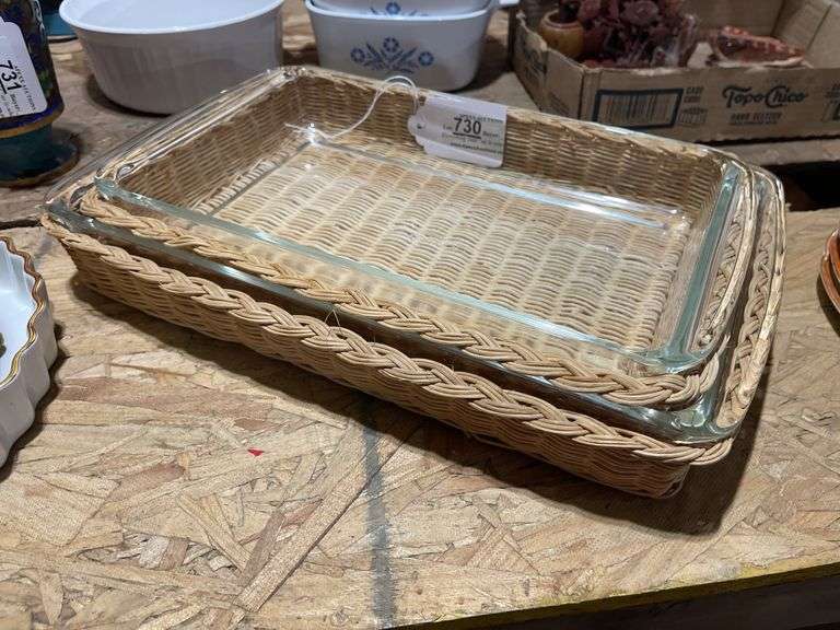 Two Pyrex Glass Casserole Dishes with Wicker Baskets