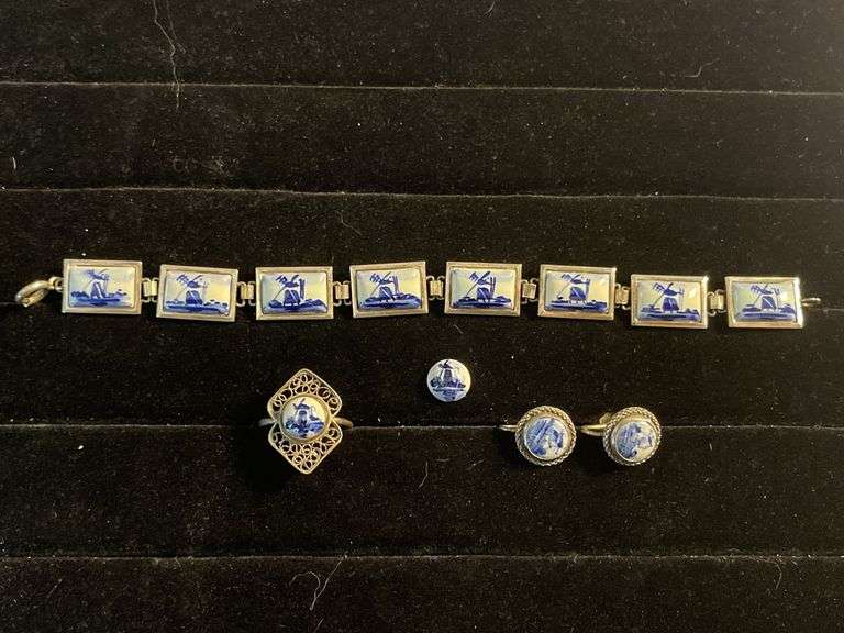 Delft Blue Windmills on Porcelain Bracelet, Earrings, and Ring